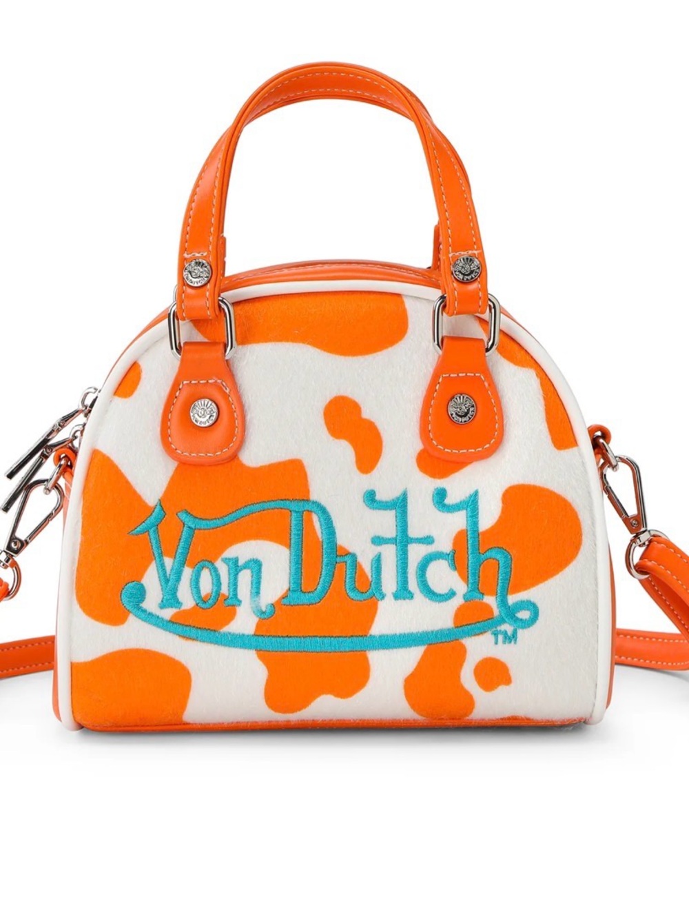 Von Dutch Orange and White Logo Mini Satchel with Turquoise Stitching